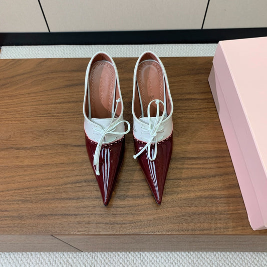 ALAIA 26S LACE-UP HEELED 105 MM IN DARK RED AND WHITE GLOSSY CALFSKIN