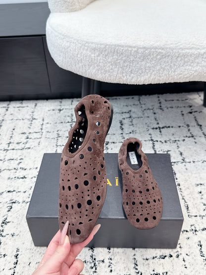 ALAIA 26S FLAT SLIP-ONS IN DARK BROWN SUEDE WITH OPENWORK PATTERN
