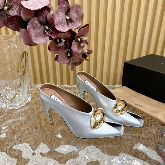 ALAIA AZZEDINE HIGH HEELS IN SILVER CALFSKIN WITH GOLD HARDWARE