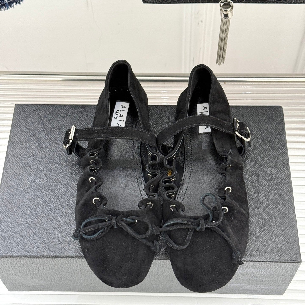 ALAIA 26S MARY JANE FLATS IN BLACK SUEDE WITH BOW