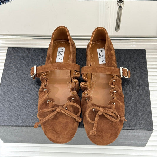 ALAIA 26S MARY JANE FLATS IN BROWN SUEDE WITH BOW