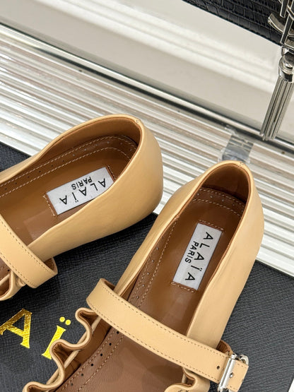 ALAIA 26S MARY JANE FLATS IN LIGHT YELLOW BEIGE LAMBSKIN WITH BOW