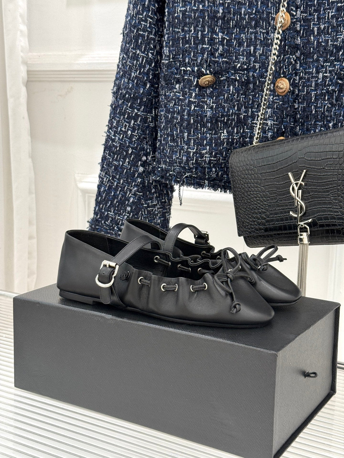 ALAIA 26S MARY JANE FLATS IN BLACK LAMBSKIN WITH BOW