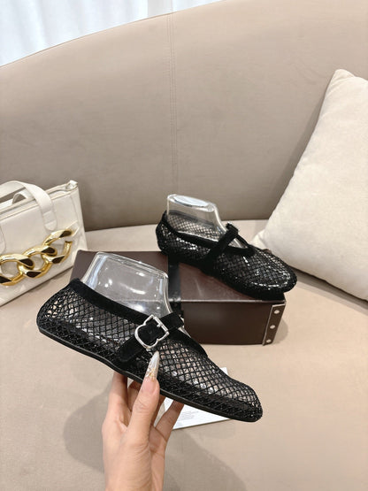 ALAIA 26S MESH FLATS IN BLACK SUEDE