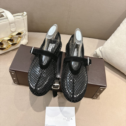ALAIA 26S MESH FLATS IN BLACK SUEDE