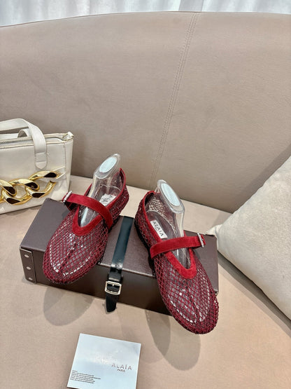 ALAIA 26S MESH FLATS IN DARK RED SUEDE