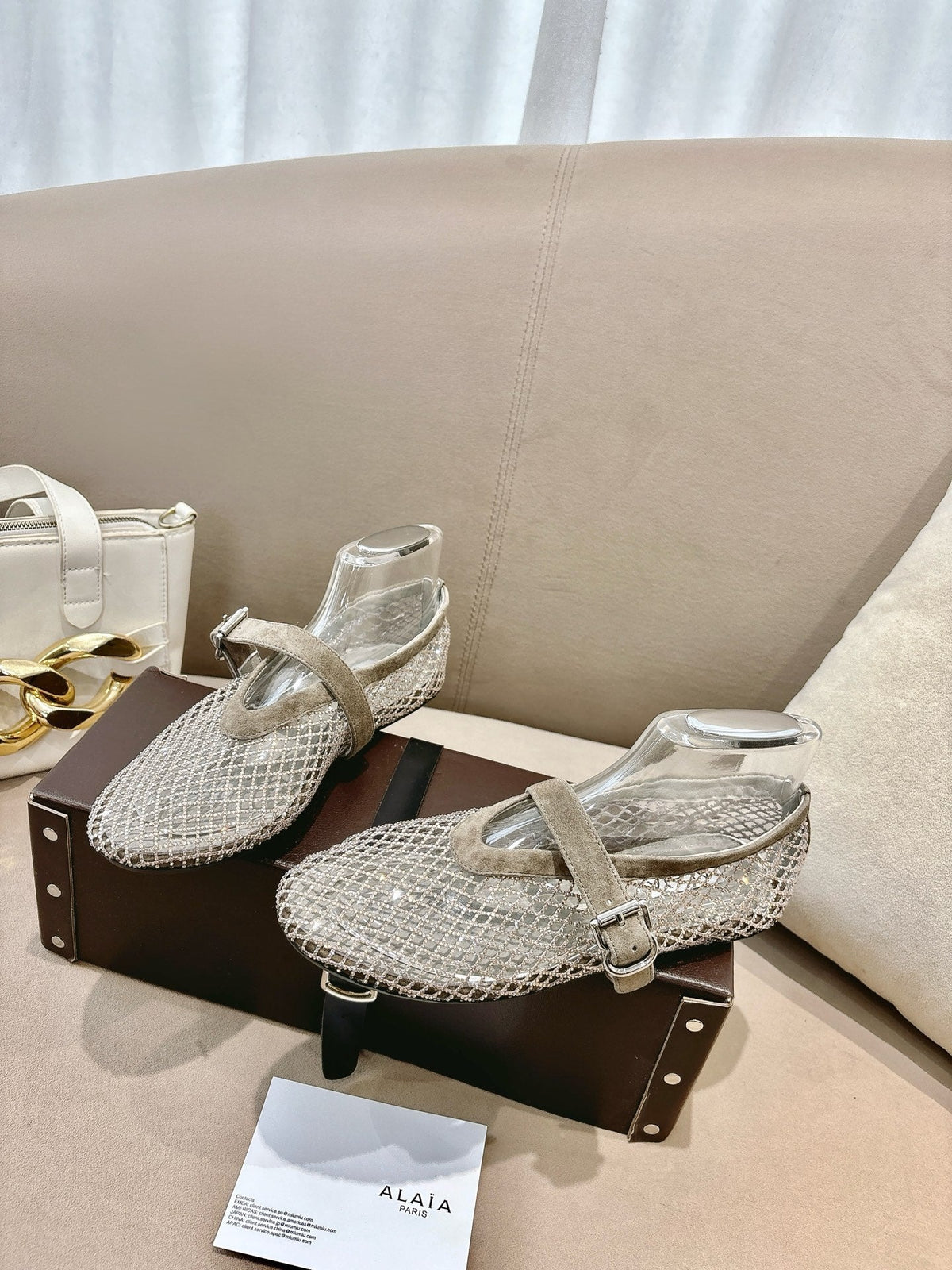 ALAIA 26S MESH FLATS IN BEIGE BROWN SUEDE