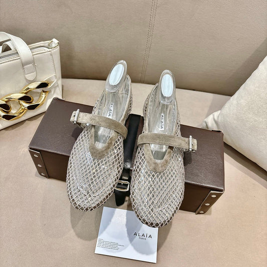 ALAIA 26S MESH FLATS IN BEIGE BROWN SUEDE