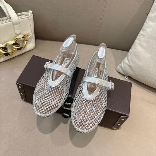 ALAIA 26S MESH FLATS IN SILVER LAMBSKIN