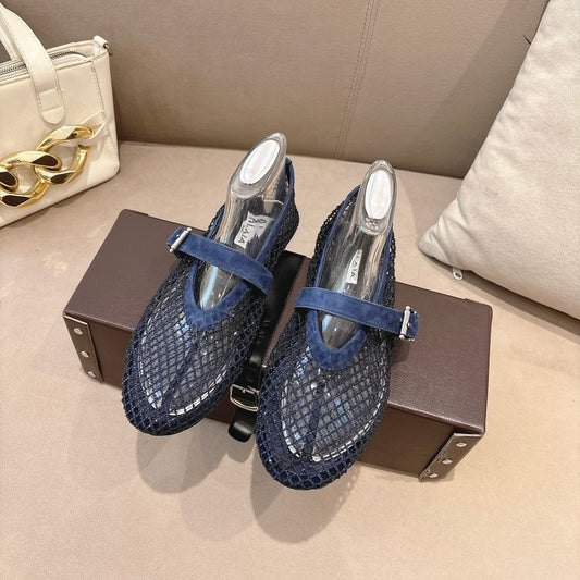 ALAIA 26S MESH FLATS IN NAVY BLUE SUEDE