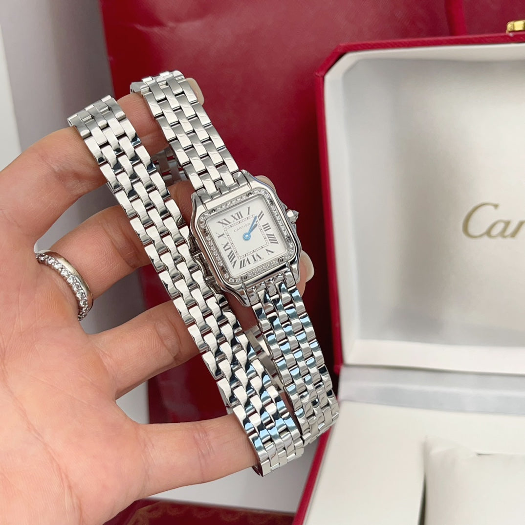 Panthere 22mm Silver Diamond Bezel Double Chain 44cm