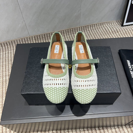 ALAIA MARY JANE FLATS WOVEN PATTERN 25S IN WHITE MIX PASTEL GREEN CALFSKIN