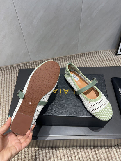 ALAIA MARY JANE FLATS WOVEN PATTERN 25S IN WHITE MIX PASTEL GREEN CALFSKIN