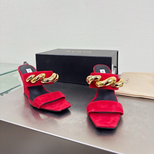 ALAIA 26S DOUBLE STRAP WEDGE SANDALS 110 MM IN RED SUEDE WITH GOLD HARDWARE
