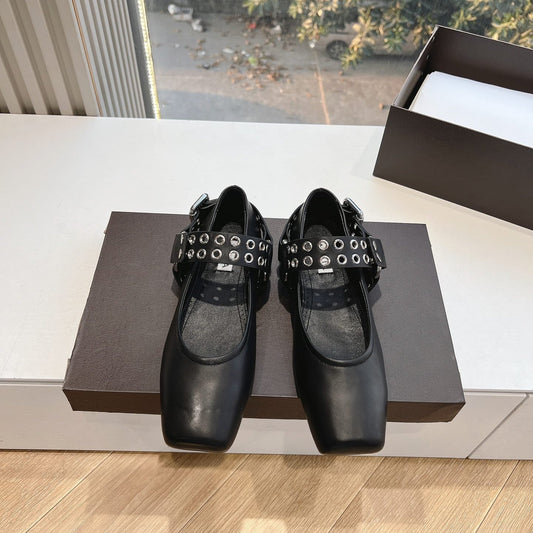 ALAIA 26S FLATS IN BLACK CALFSKIN WITH SILVER STUD STRAP