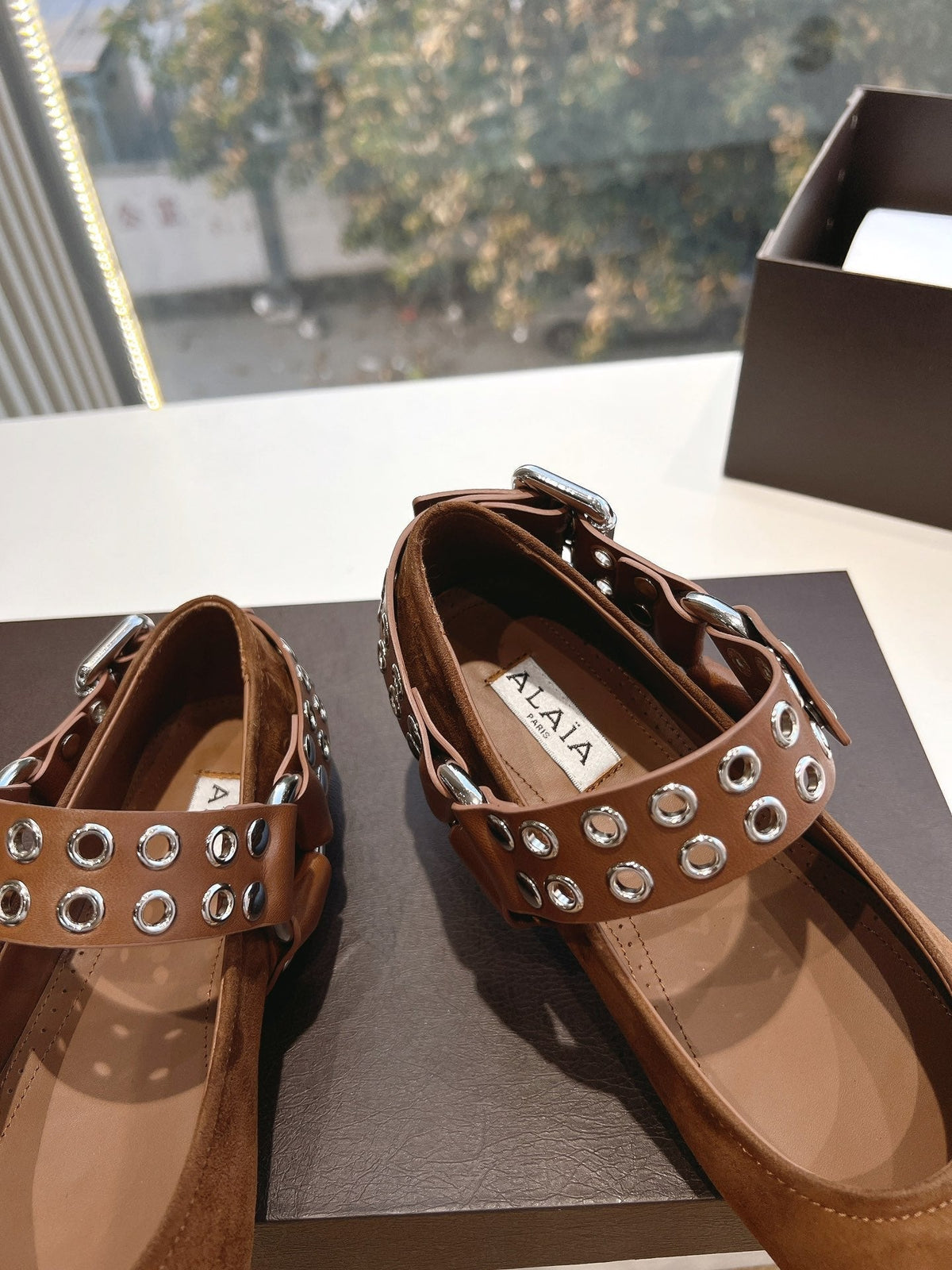 ALAIA 26S FLATS IN BROWN SUEDE WITH SILVER STUD STRAP