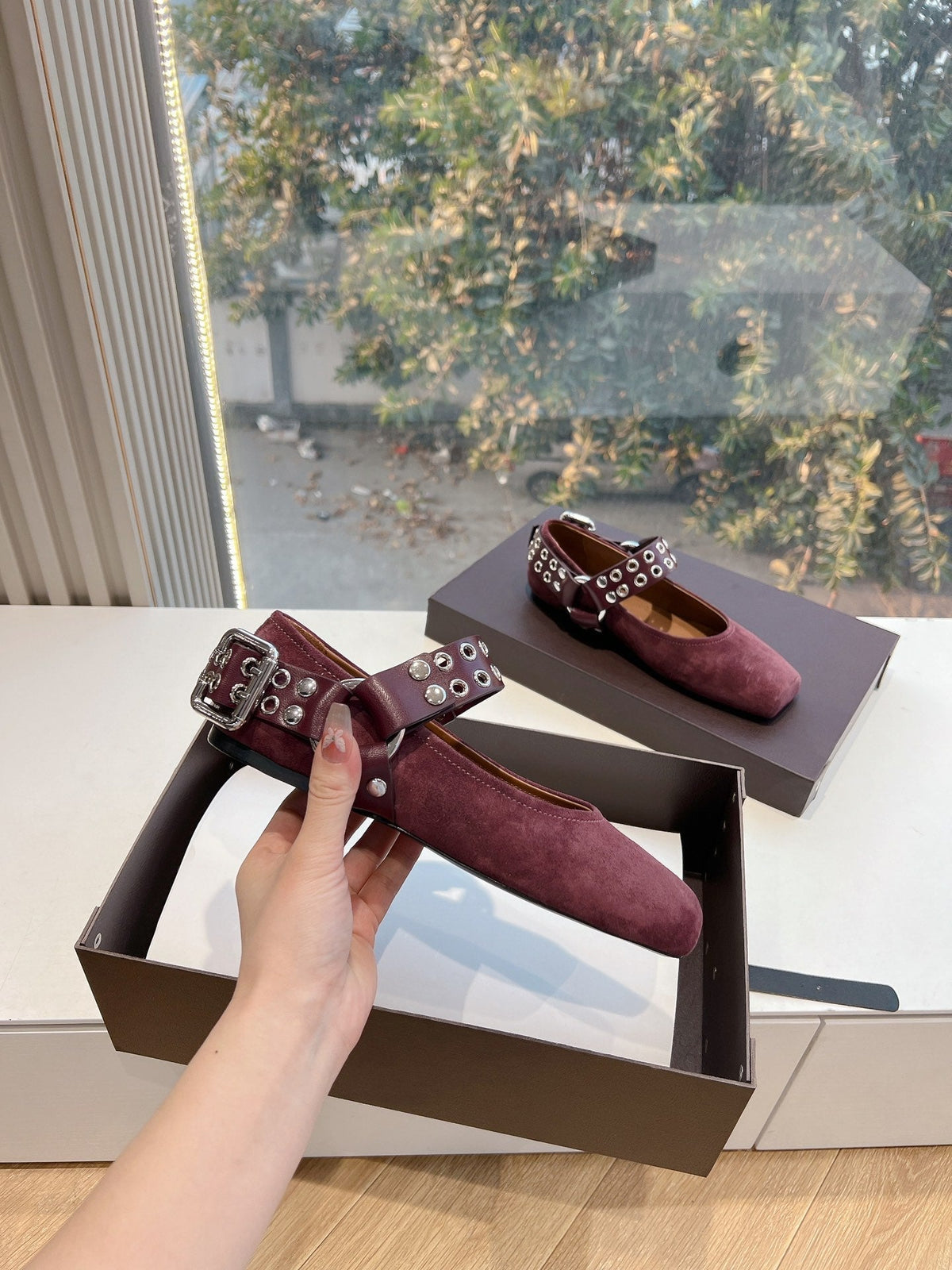 ALAIA 26S FLATS IN DARK RED SUEDE WITH SILVER STUD STRAP