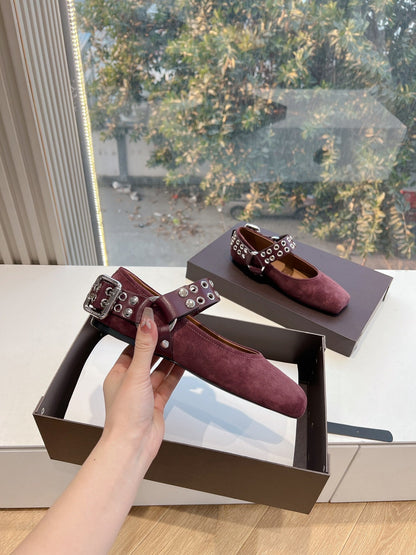 ALAIA 26S FLATS IN DARK RED SUEDE WITH SILVER STUD STRAP
