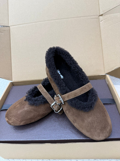 ALAIA 25S SHEARLING BALLET FLATS IN DARK BROWN SUEDE