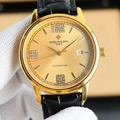 Patek Philippe Calatrava 40mm Gemstone-set Hour Marker Gold Dial Black Leather Strap