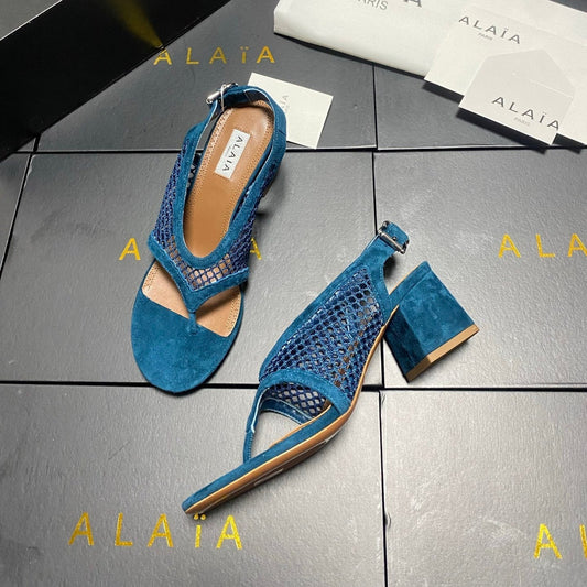 ALAIA 26S MESH THONG HEELS 55 MM IN PETROL BLUE SUEDE