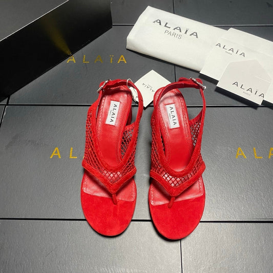 ALAIA 26S MESH THONG HEELS 55 MM IN RED SUEDE