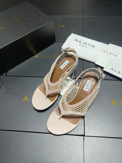 ALAIA 26S MESH THONG HEELS 55 MM IN BEIGE SUEDE