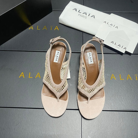 ALAIA 26S MESH THONG HEELS 55 MM IN BEIGE SUEDE