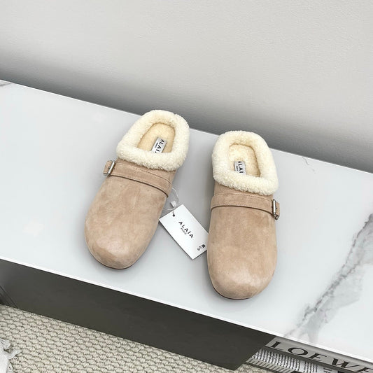 ALAIA 26S MULE IN BEIGE SUEDE AND WOOL