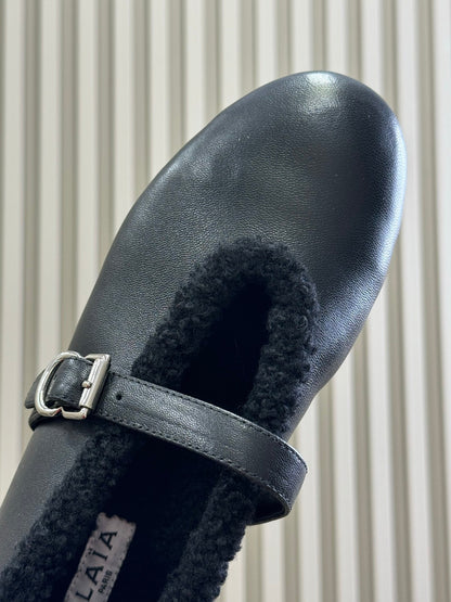 ALAIA 25S MARY JANE SHEARLING FLATS IN BLACK CALFSKIN