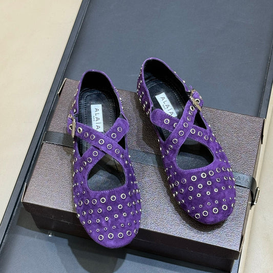ALAIA 26S CROSS-STRAP FLATS IN PURPLE SUEDE WITH SILVER HARDWARE