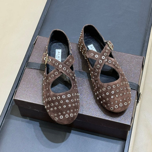ALAIA 26S CROSS-STRAP FLATS IN DARK BROWN SUEDE WITH SILVER HARDWARE