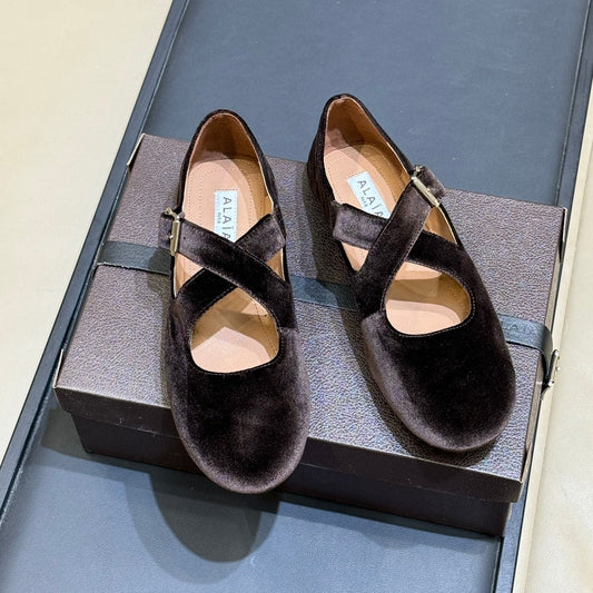 ALAIA 26S MARY JANE BALLET FLATS IN DARK BROWN VELVET