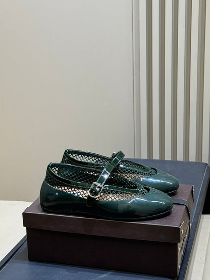 ALAIA 26S MARY JANE BALLET FLATS IN DARK GREEN MESH AND GLOSSY CALFSKIN