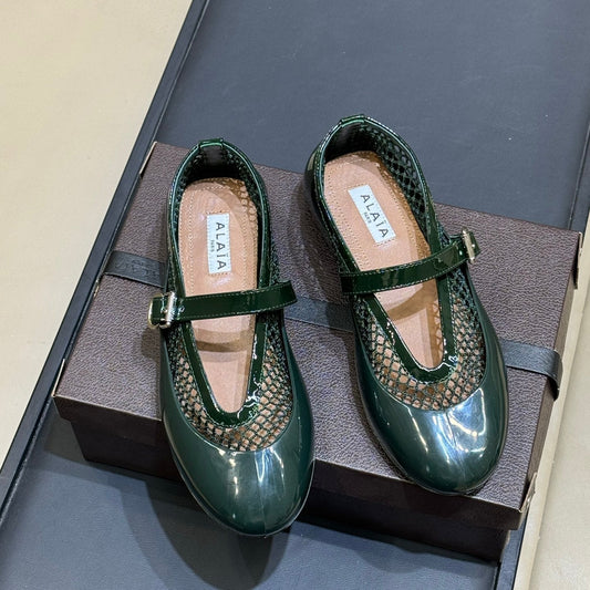 ALAIA 26S MARY JANE BALLET FLATS IN DARK GREEN MESH AND GLOSSY CALFSKIN