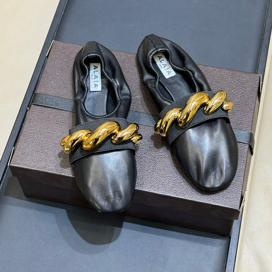 ALAIA 26S KNIT BALLET FLATS IN BLACK LAMBSKIN WITH GOLD HARDWARE