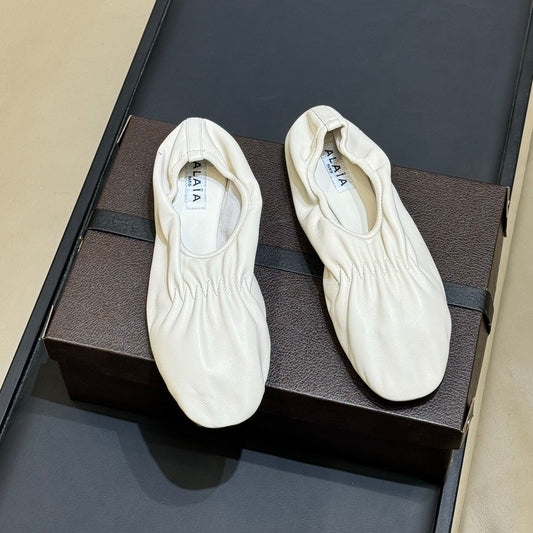 ALAIA 26S KNIT BALLET FLATS IN CREAM WHITE LAMBSKIN