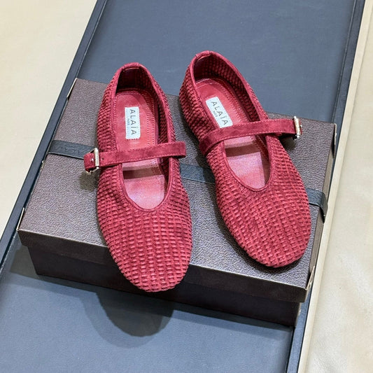 ALAIA 26S KNIT BALLET FLATS IN DARK RED SUEDE