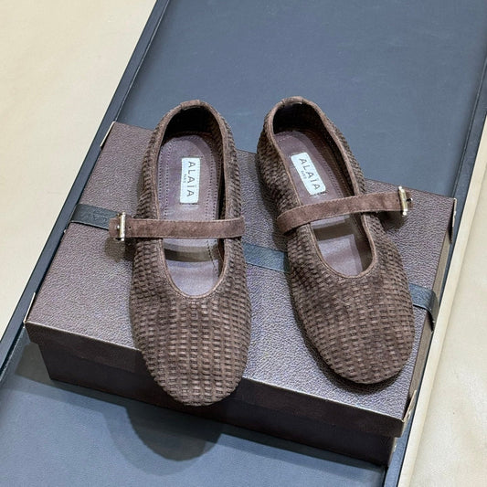 ALAIA 26S KNIT BALLET FLATS IN DARK BROWN SUEDE