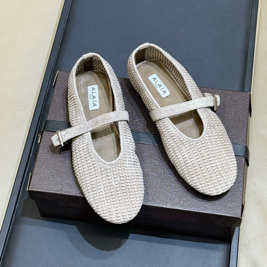ALAIA 26S KNIT BALLET FLATS IN BEIGE SUEDE