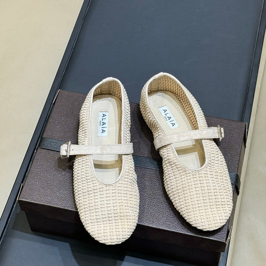 ALAIA 26S KNIT BALLET FLATS IN OFF WHITE SUEDE