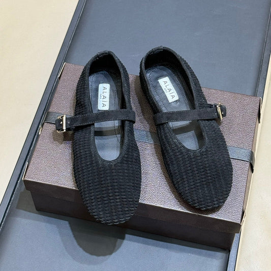 ALAIA 26S KNIT BALLET FLATS IN BLACK SUEDE