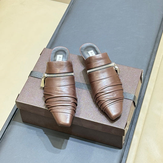 ALAIA 26S PLEATED MULES IN DARK BROWN LAMBSKIN