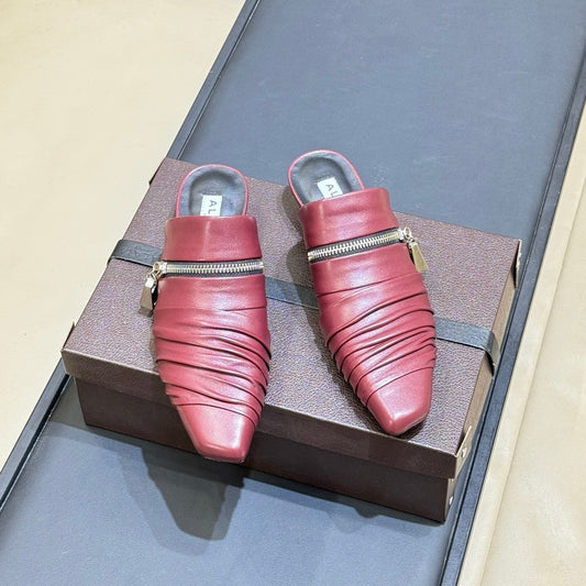 ALAIA 26S PLEATED MULES IN DARK RED LAMBSKIN