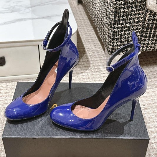ALAIA ROUND-TOE HIGH HEELS 10 CM IN NAVY BLUE CALFSKIN