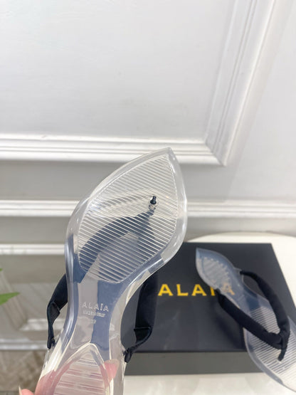 ALAIA 26S THONG SANDALS IN BLACK SATIN AND TRANSPARENT PVC