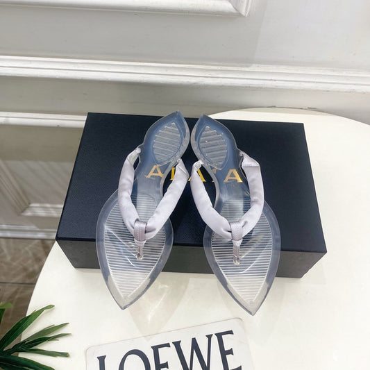 ALAIA 26S THONG SANDALS IN PEARL GREY SATIN AND TRANSPARENT PVC