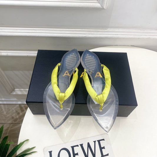 ALAIA 26S THONG SANDALS IN LIGHT YELLOW SATIN AND TRANSPARENT PVC