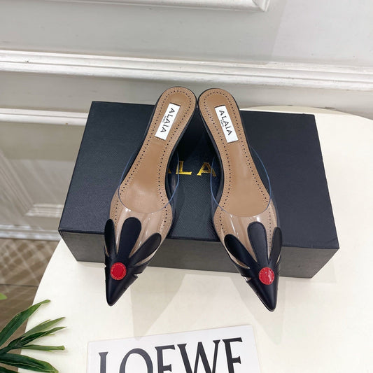 ALAIA 26S MULE HEELS 55 MM IN BLACK LAMBSKIN AND TRANSPARENT PVC