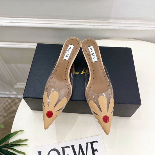 ALAIA 26S MULE HEELS 55 MM IN BEIGE LAMBSKIN AND TRANSPARENT PVC